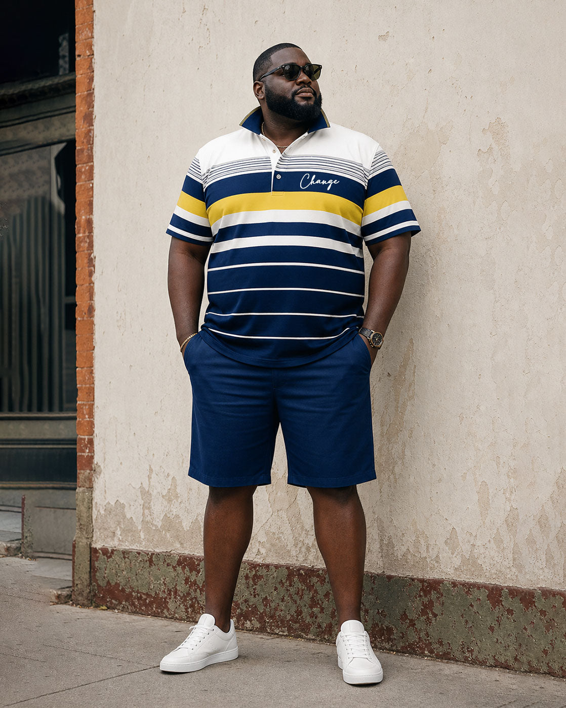 Big & Tall Men's Daily Travel Wear Striped Contrast POLO Shirt Short Sleeve Shorts Suit