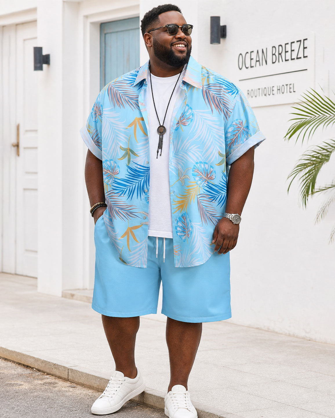 Big & Tall Men's Hawaii Holiday Leisure Travel Blue Plant Printed Full Short Sleeve Button Shirt Shorts Set