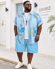Big & Tall Men's Hawaii Holiday Leisure Travel Blue Plant Printed Full Short Sleeve Button Shirt Shorts Set
