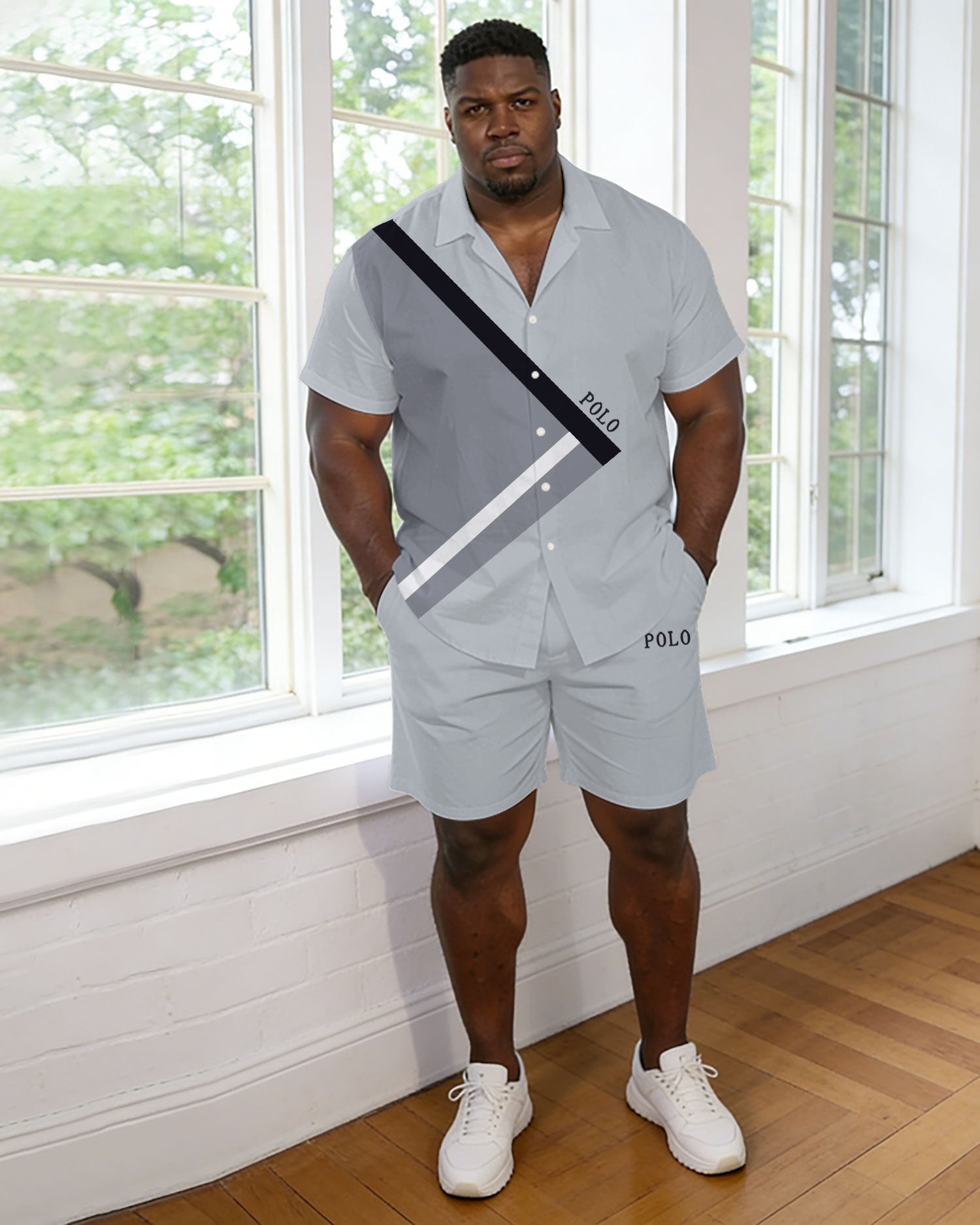 Men's Plus Size Gray Contrast Short Sleeve Shirt Pants Set