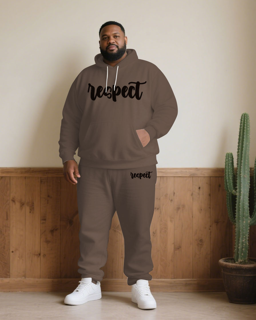 Large Size Men's Autumn And Winter Warm Cold-proof Brown "respect" Slogan Printed Hoodie Sweatpants Set