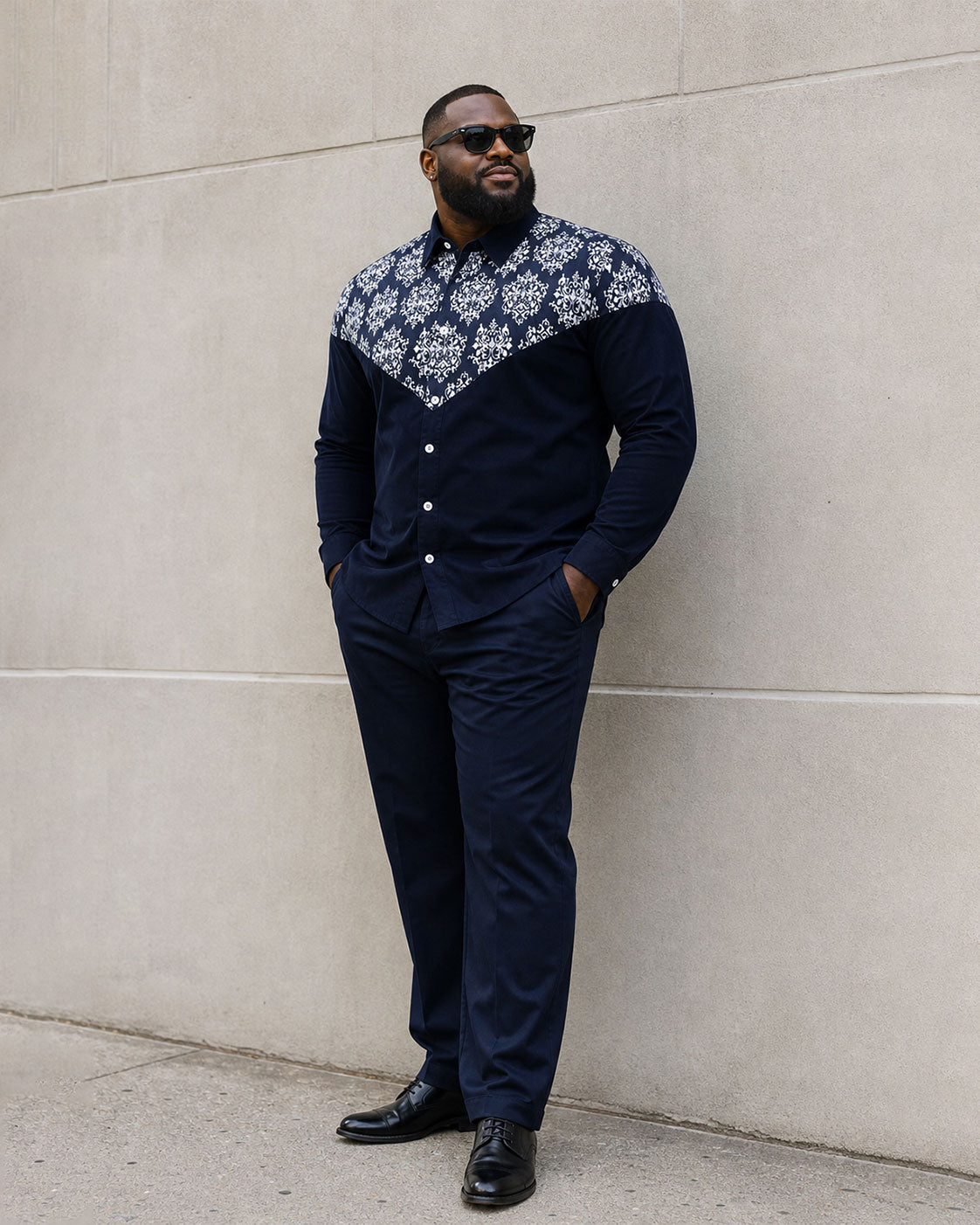 Big & Tall Men's Vintage Pattern Stitching Long Sleeve Shirt Trousers Suit