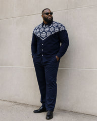 Big & Tall Men's Vintage Pattern Stitching Long Sleeve Shirt Trousers Suit