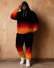 Large Size Men's Autumn And Winter Warm Cold-proof Red & Black Neon Gradient Contrast Hoodie Sweatpants Set