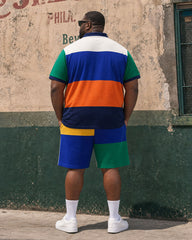 Big & Tall Men's Exaggerated Contrast Color Chest Printed Small Label POLO Shirt Short Sleeve Shorts Set