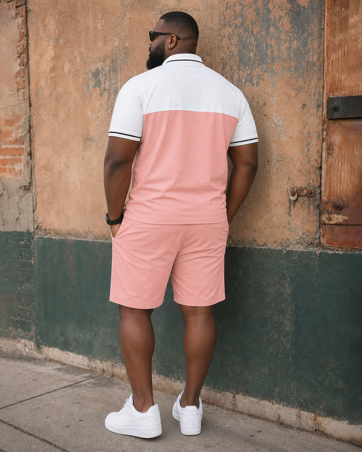 Big & Tall Men's White & Pink Chest Letter Print POLO Shirt Short Sleeve Shorts Set