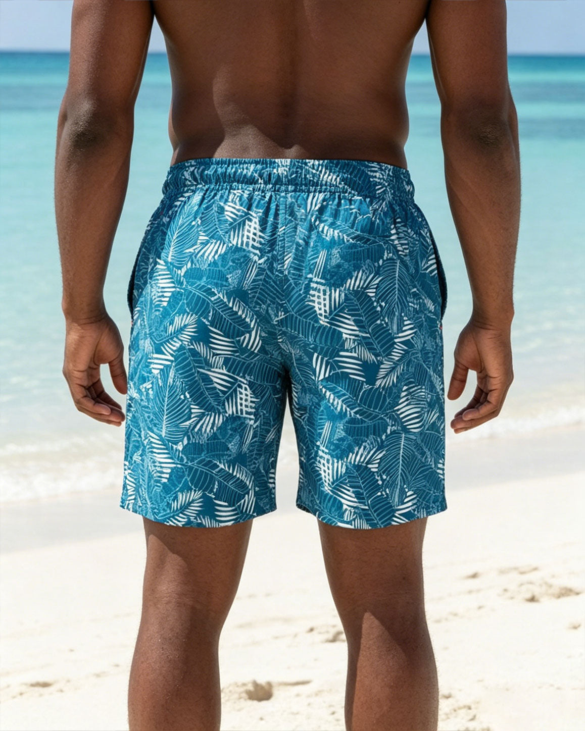 Big & Tall Men's Summer Vacation Swimming Fitness Blue Tropical Plant Print Swim Trunks/Shorts