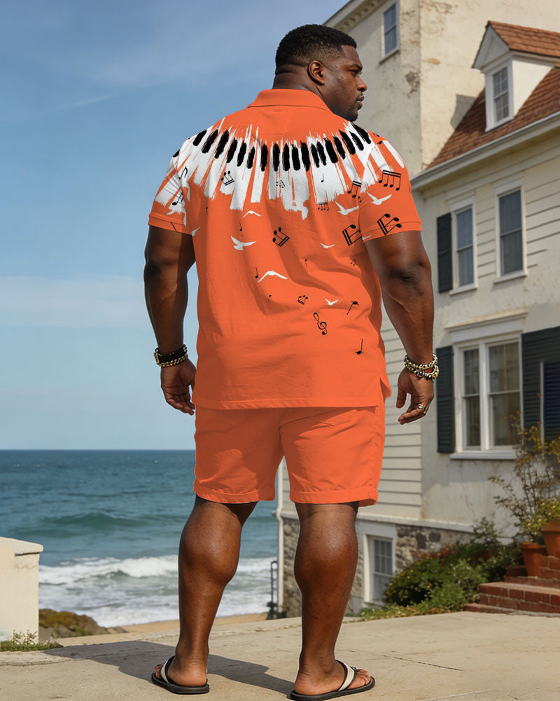 Large Size Men's Spring And Summer Leisure Vacation Business Party Orange & White Music Pattern Short Sleeve POLO Shirt Shorts Set