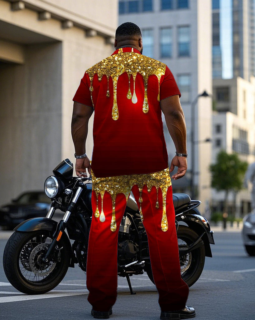 Big Men's Gold & Red Cotton-Blend Sequin Halloween Short Sleeve Shirt Trouser Set