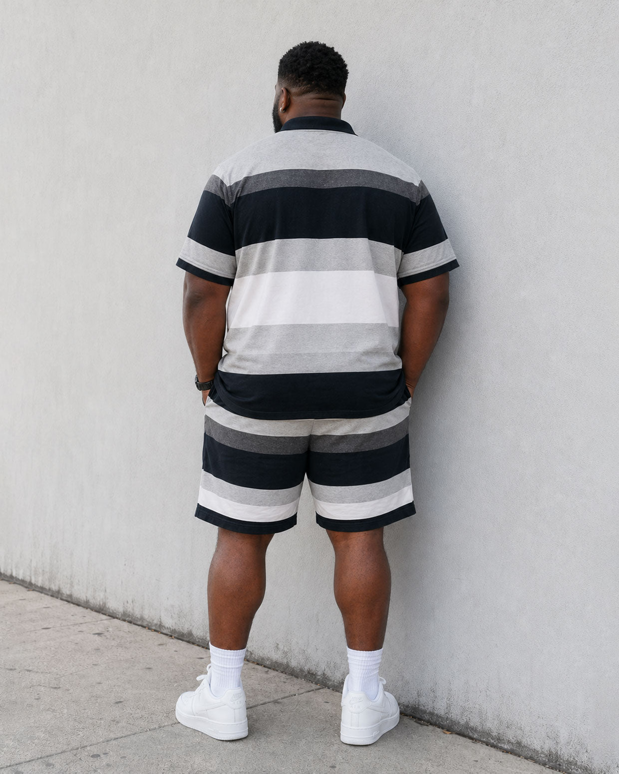 Big & Tall Men's Classic Black And White Grey Thick Stripe Contrast Chest Printed POLO Short Sleeve Shorts Set