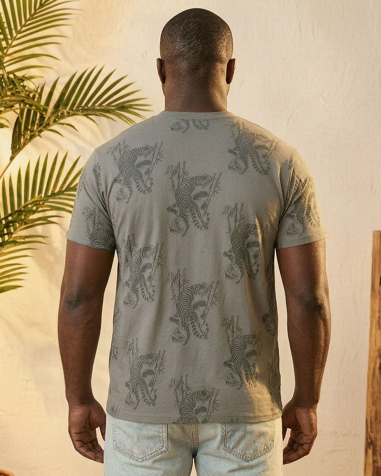 Big & Tall Men's Summer Gray Tiger All-Over Print Short-Sleeve T-Shirt