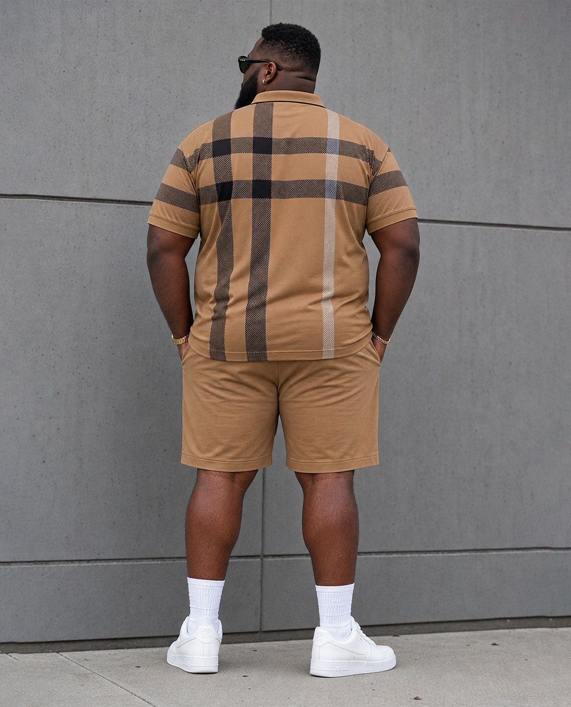 Big & Tall Men's Khaki Classic Large Plaid Daily Leisure Summer Vacation Party POLO Shirt Short Sleeve Shorts Set
