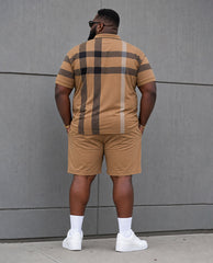 Big & Tall Men's Khaki Classic Large Plaid Daily Leisure Summer Vacation Party POLO Shirt Short Sleeve Shorts Set