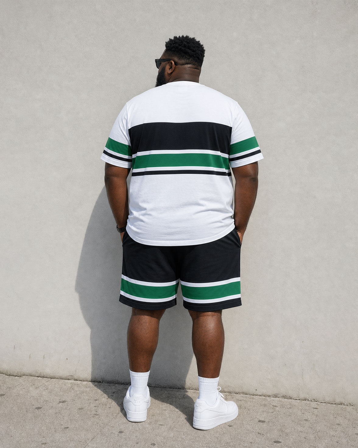 Big & Tall Men's Daily Travel Leisure Holiday Party White & Green & Black Striped Short Sleeve T-Shirt Shorts Set