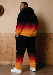 Large Size Men's Autumn And Winter Warm Cold-proof Red & Black Neon Gradient Contrast Hoodie Sweatpants Set