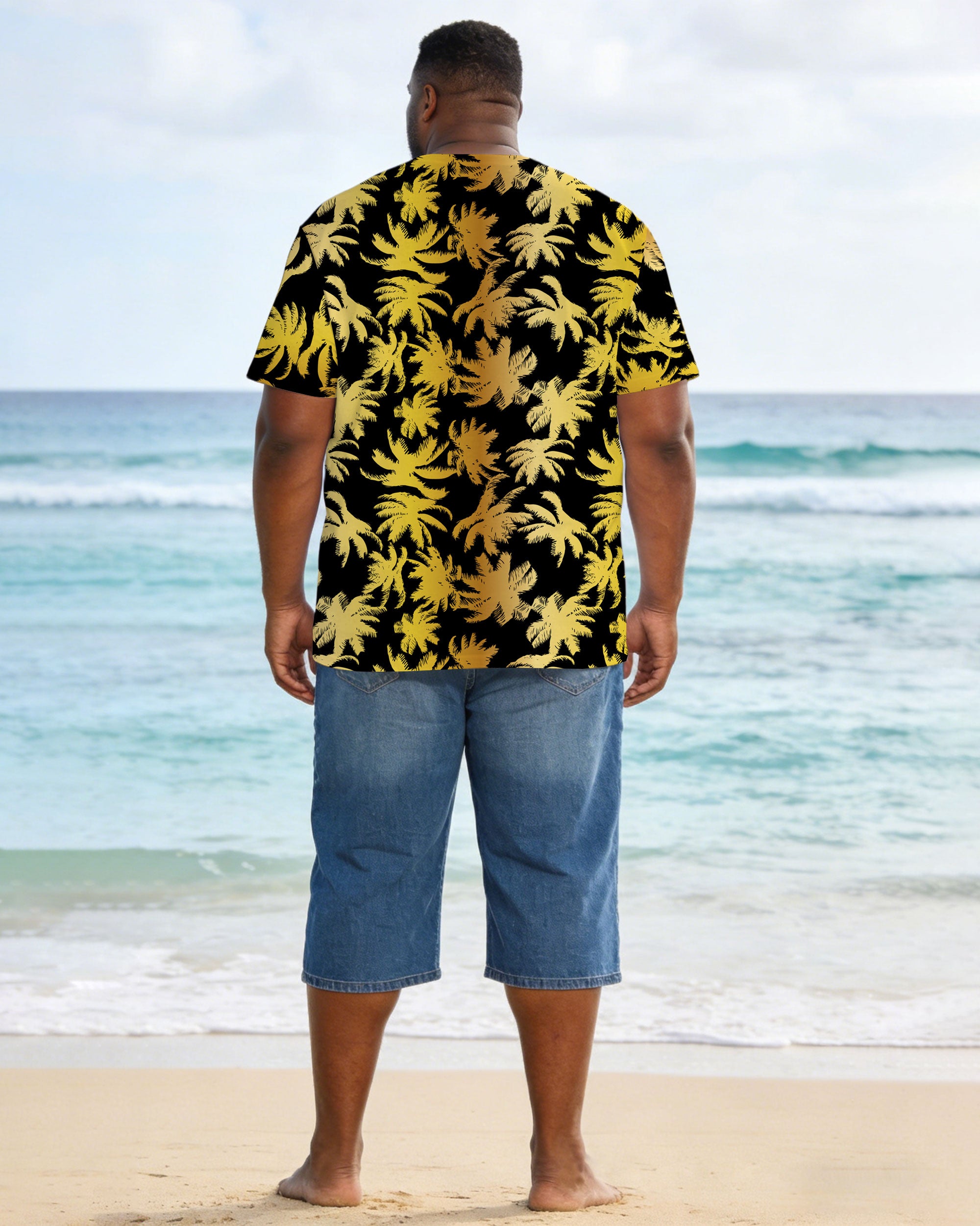 Men's Large Size Black Gold Print Full Print Short Sleeve T-shirt