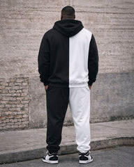 Large Size Men's Autumn And Winter Warm Cold-proof Black & White Contrast Stitching Printed Chest KING Hoodie Sweatpants Set