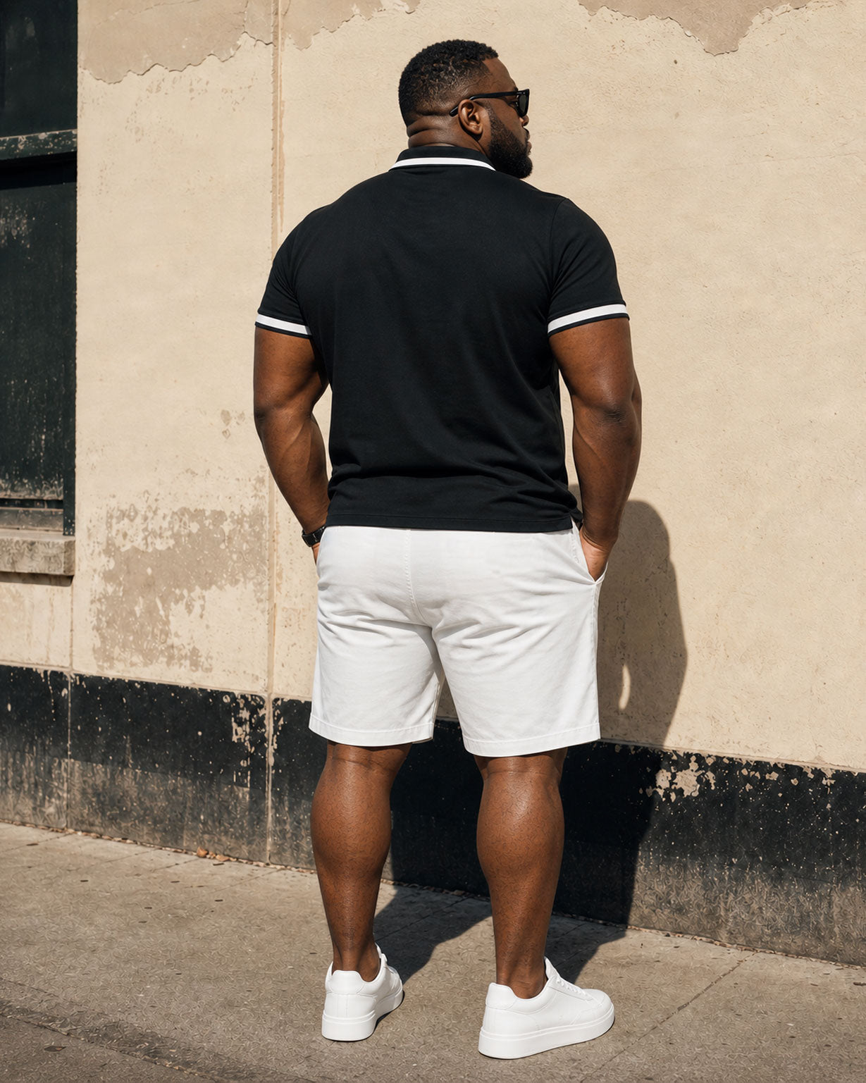Big & Tall Men's Black & White Classic Color Matching Chest Small Label Printed POLO Shirt Short Sleeve Shorts Set