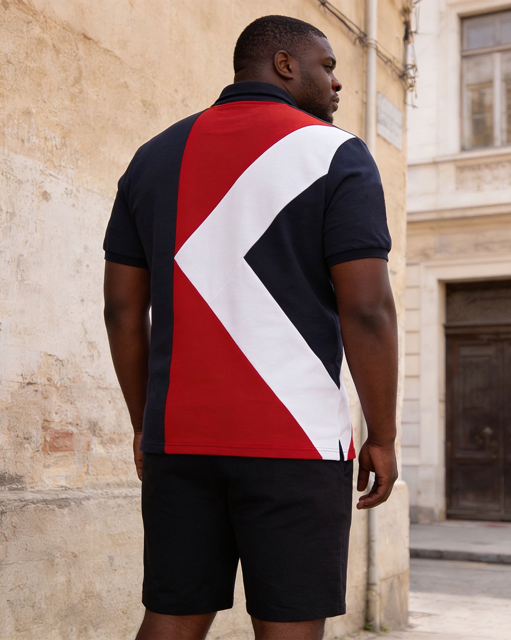Big & Tall Men's Triangle Geometric Contrast Printed POLO Shirt Short Sleeve Shorts Set