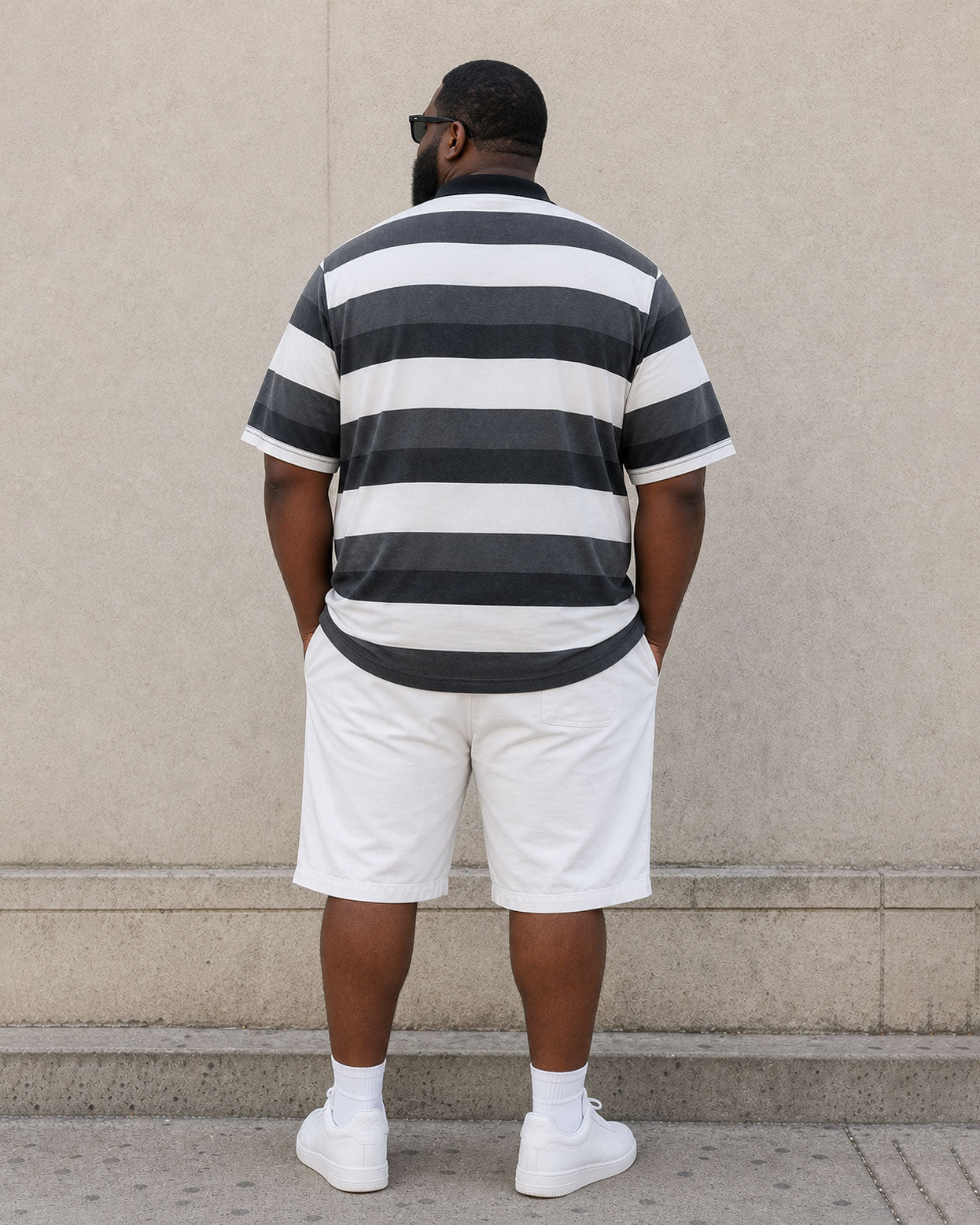Big & Tall Men's Classic Black And White Coarse Stripes Casual Business POLO Shirt Short Sleeve Shorts Set