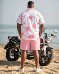 Big & Tall Men's Hawaiian Pink Floral Short Sleeve Cardigan Shirt Shorts Set