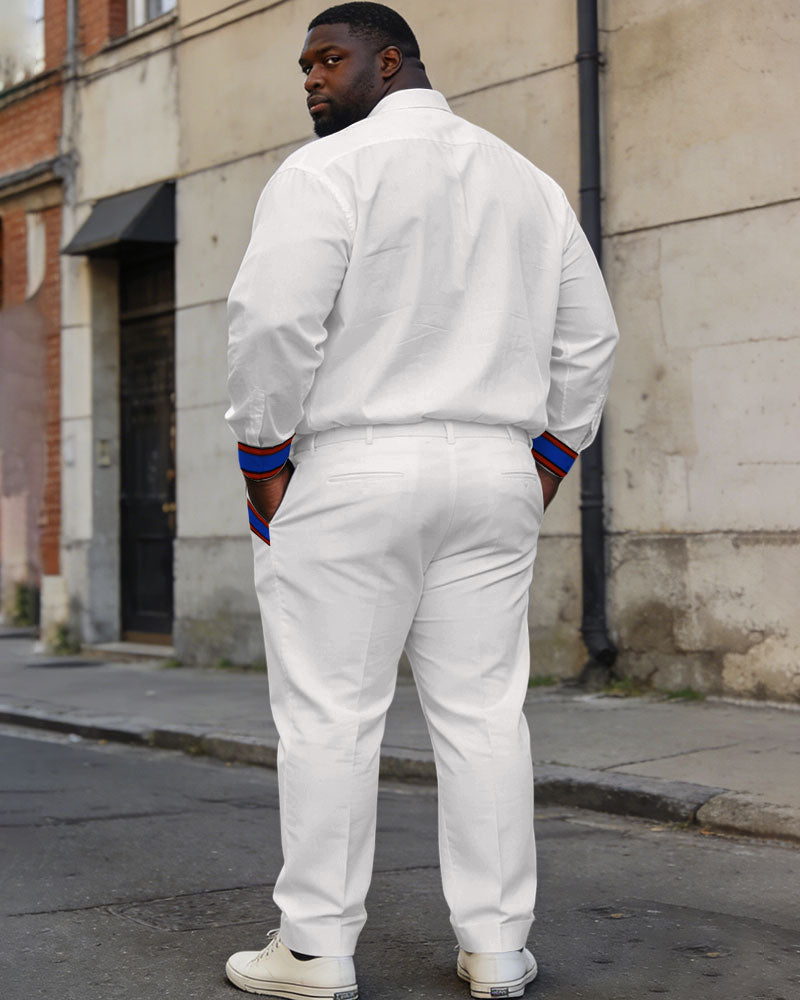 Men's Large Size White Cardigan Placket Color Contrast Simple Long Sleeve Shirt Trousers Business Casual Suit
