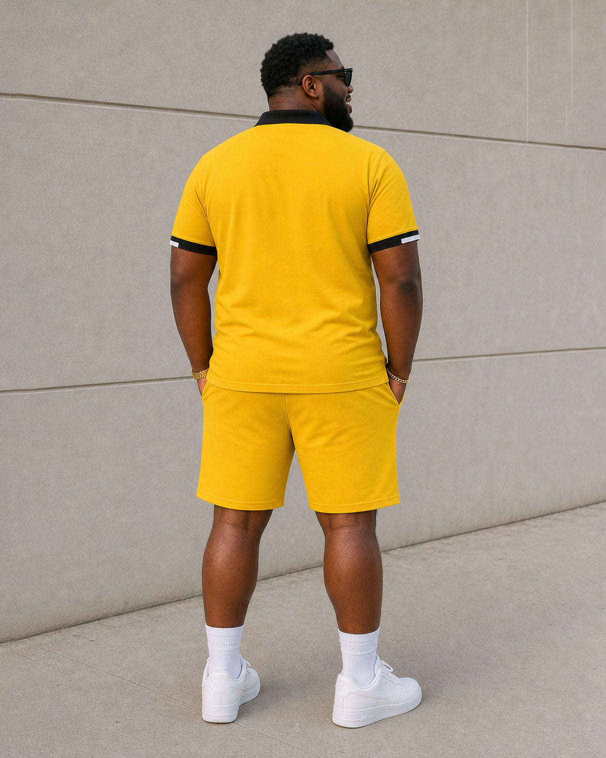 Big & Tall Men's Black & Yellow Contrast Stitching Chest Printing Simple Casual Daily POLO Shirt Short Sleeve Shorts Set
