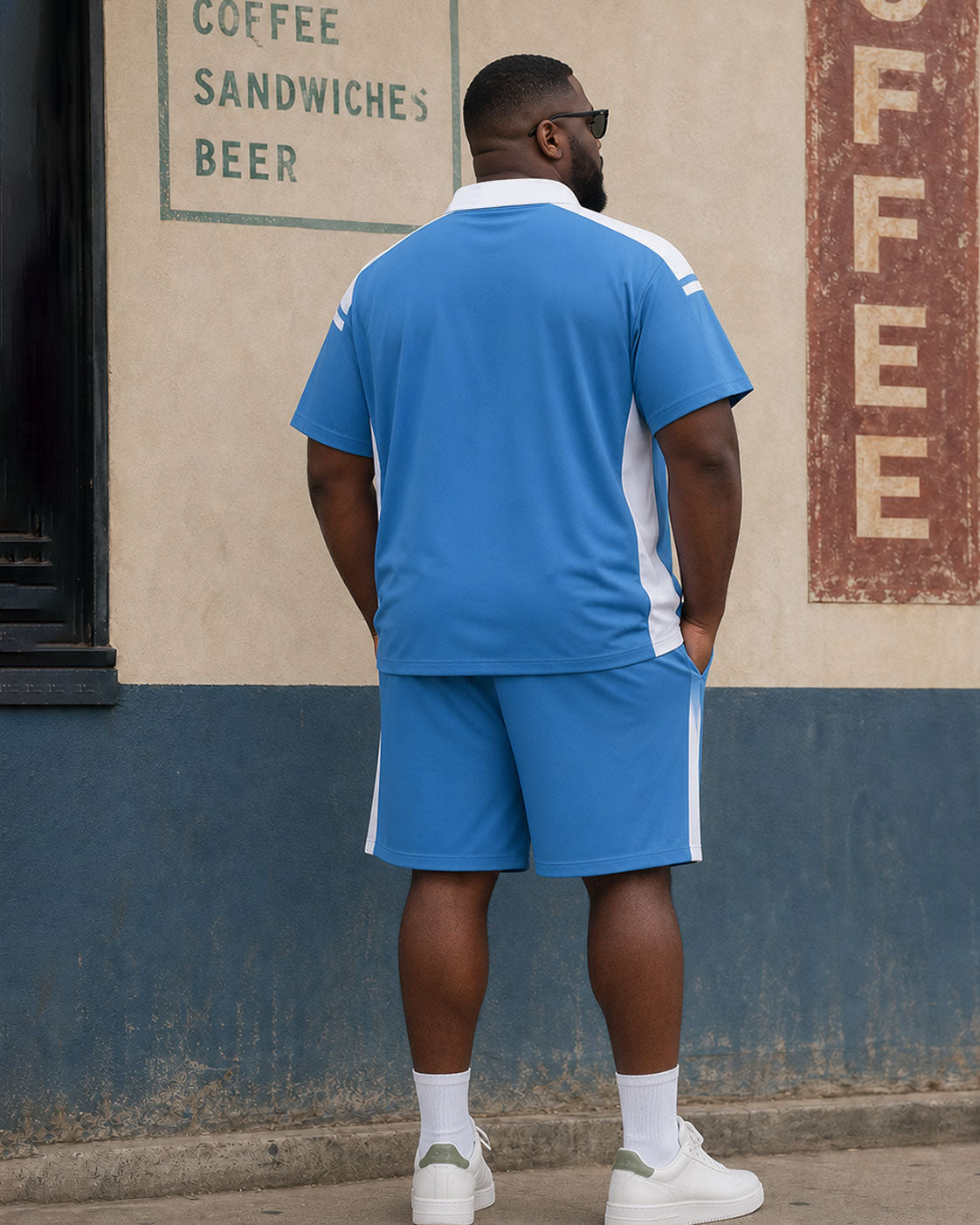 Big & Tall Men's Blue Side Stitching Contrast Casual Simple POLO Shirt Short Sleeve Shorts Set