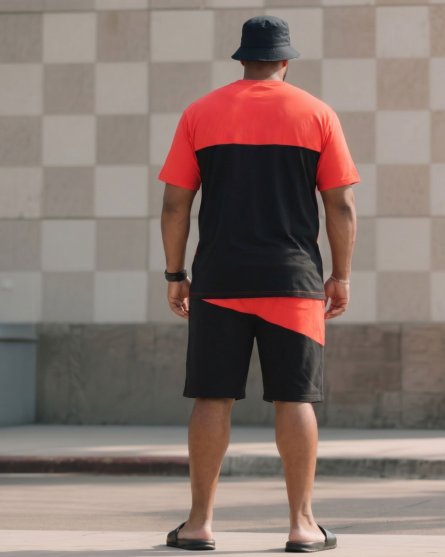 Big & Tall Men's Classic Black & Black Irregular Patchwork Letter Printed T-Shirt Shorts Set