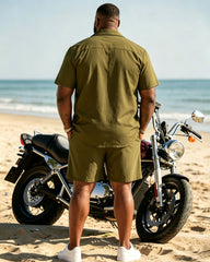 Big & Tall Men's Hawaiian Holiday Green Contrast Printed Cardigan Short Sleeve Shirt Shorts Set
