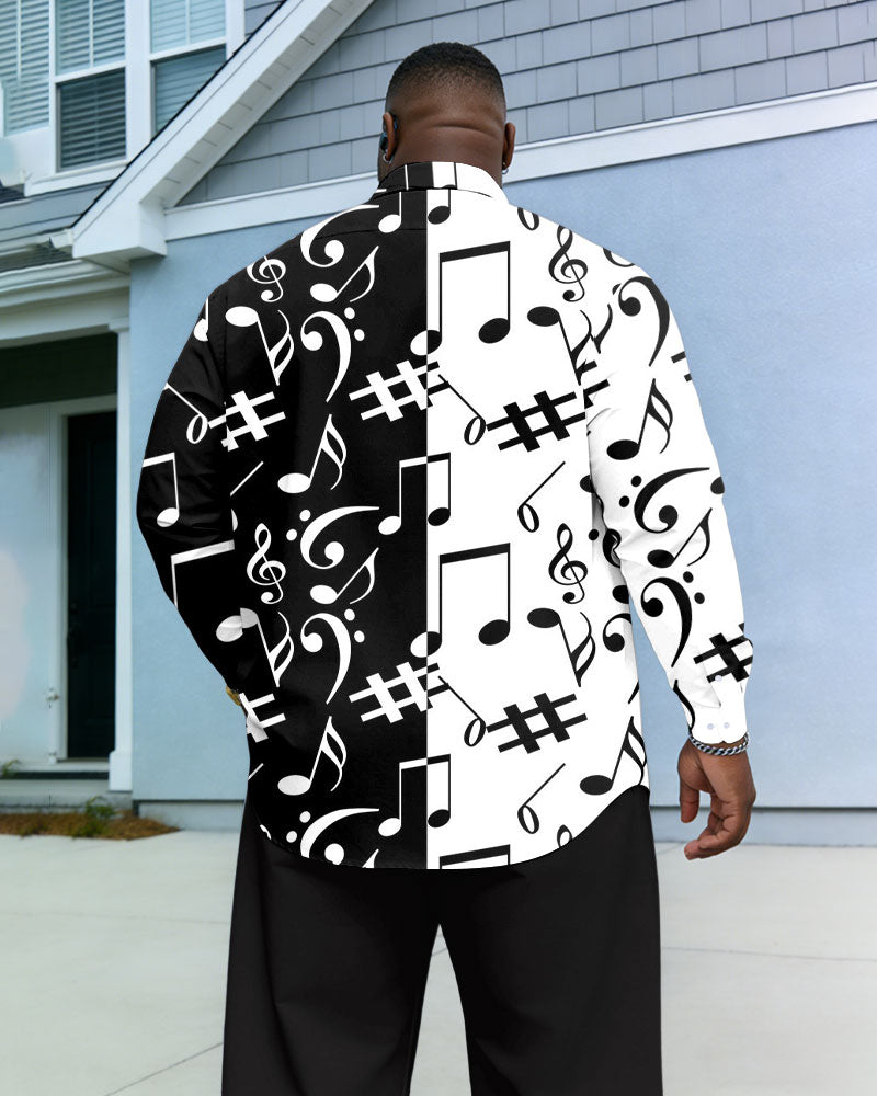 Men's Plus Size Casual Vacation Music Character Date White & Black Stitching Anti-Wrinkle New Lap Collar Long Sleeve Shirt