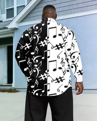 Men's Plus Size Casual Vacation Music Character Date White & Black Stitching Anti-Wrinkle New Lap Collar Long Sleeve Shirt