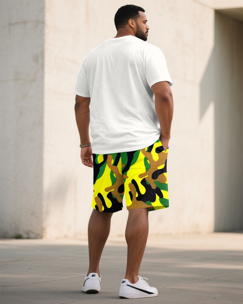 Large Size Men's Camouflage "BIG" Slogan Print Short Sleeve T-shirt Shorts Set