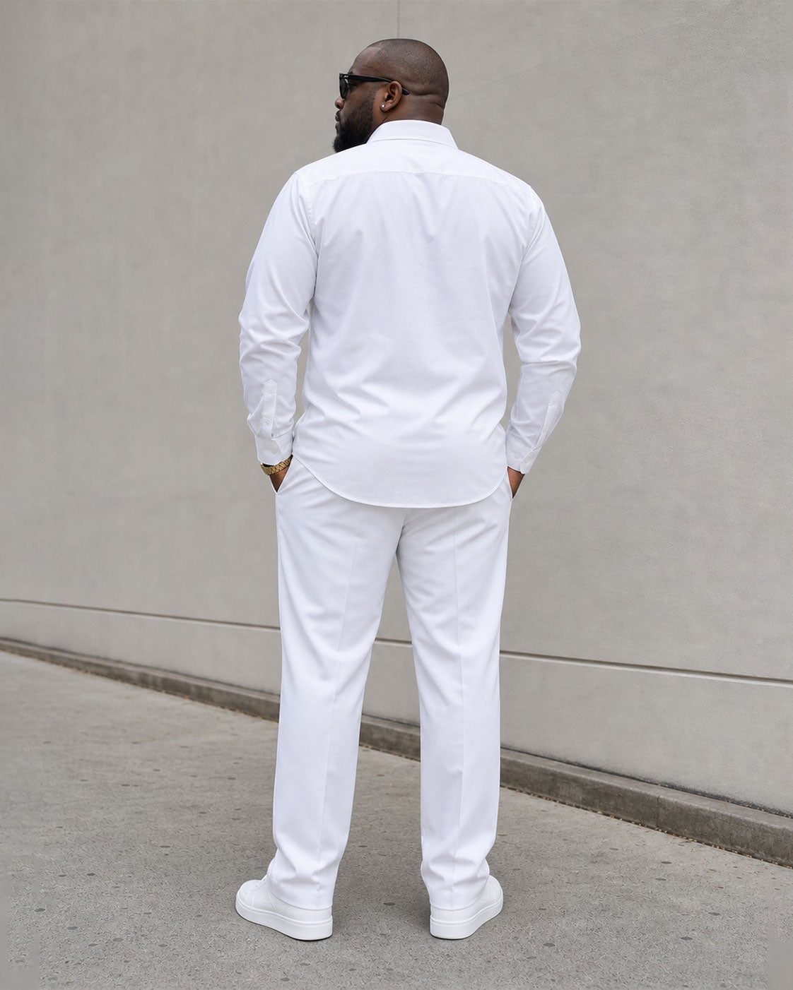 Big & Tall Men's White Simple Contrast Color Business Leisure Travel Party Long Sleeve Shirt Pants Set