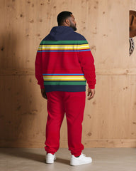 Large Size Men's Autumn And Winter Warm Cold-proof Brown Red & Rainbow Color Contrast Hoodie Sweatpants Set