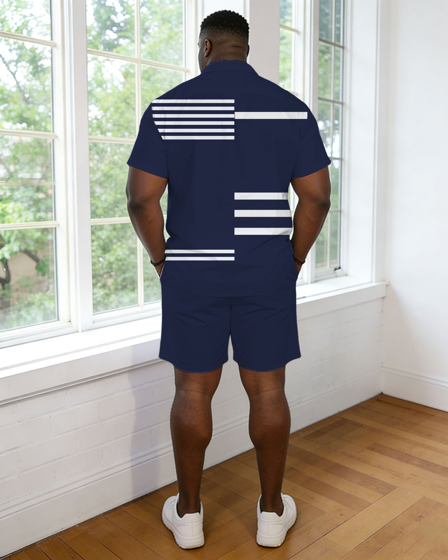 Men's Large Size Royal Blue Small Label Printed Short Sleeve Shirt And Shorts Set