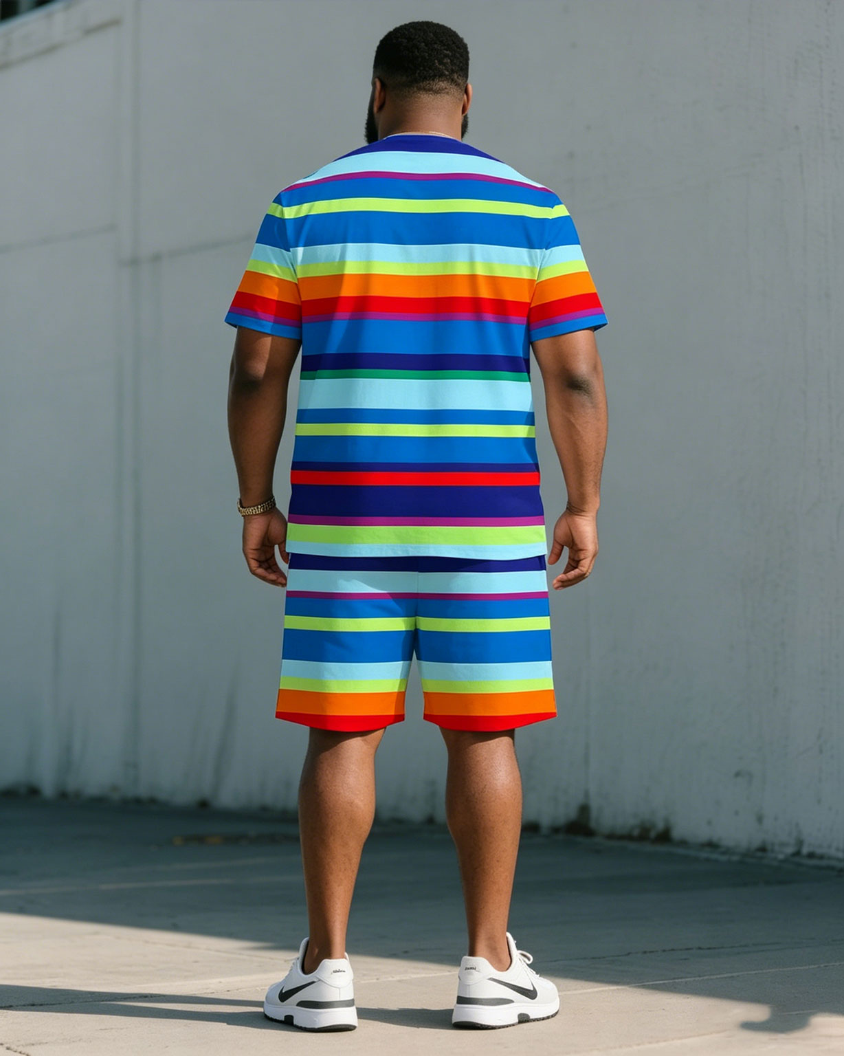 Big & Tall Men's Blue Rainbow Stripe Casual Daily Simple Chest Pony Print T-Shirt Shorts Set