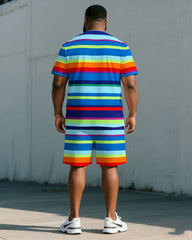 Big & Tall Men's Blue Rainbow Stripe Casual Daily Simple Chest Pony Print T-Shirt Shorts Set