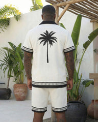 Big & Tall Men's Hawaiian Off-white Coconut Hem Cuffs Geometric Stitching Cuban Collar Short Sleeve Shirt Shorts Set