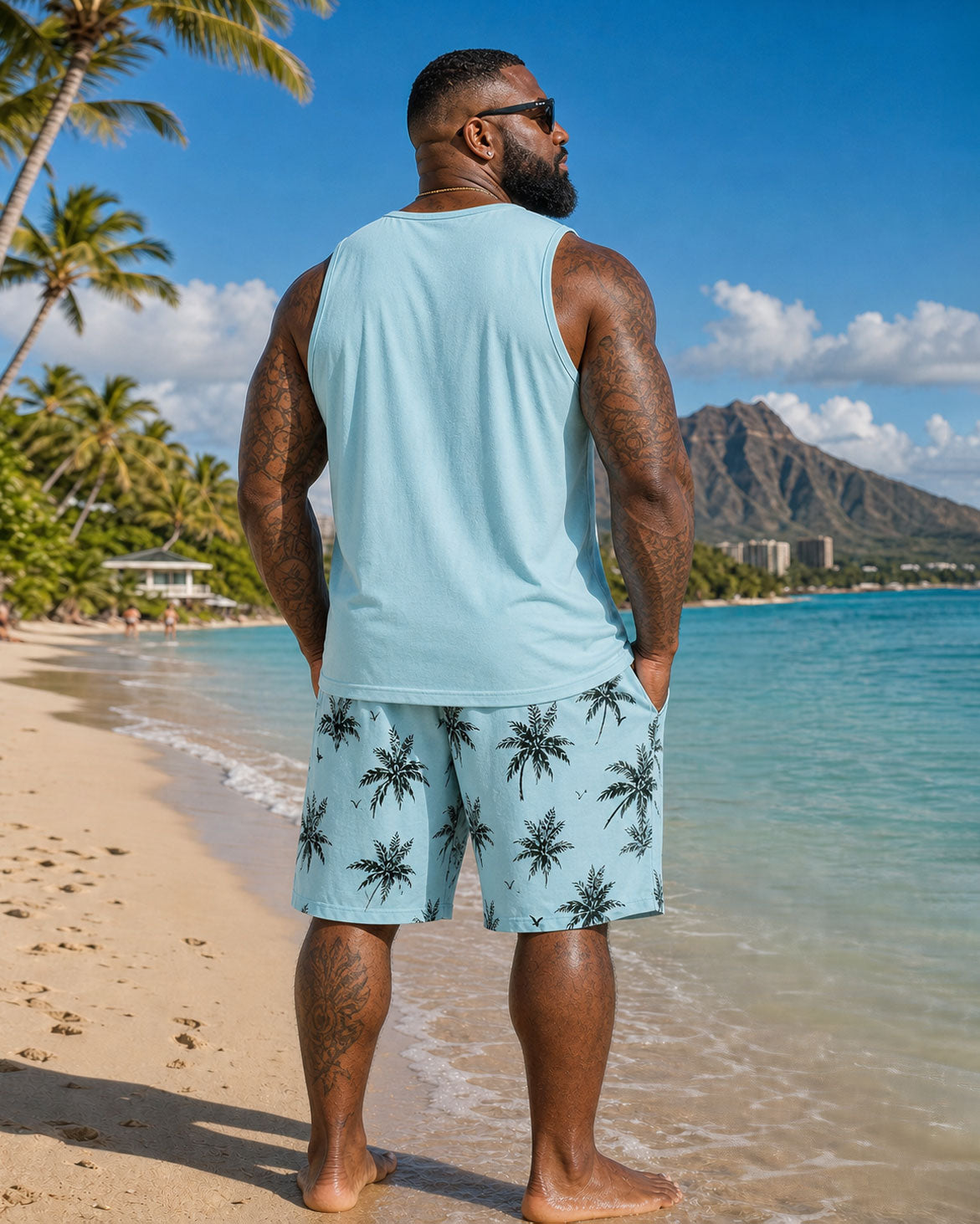 Big & Tall Men's Hawaiian Vacation Blue Coconut Tree Silhouette Print Tank Shorts Set