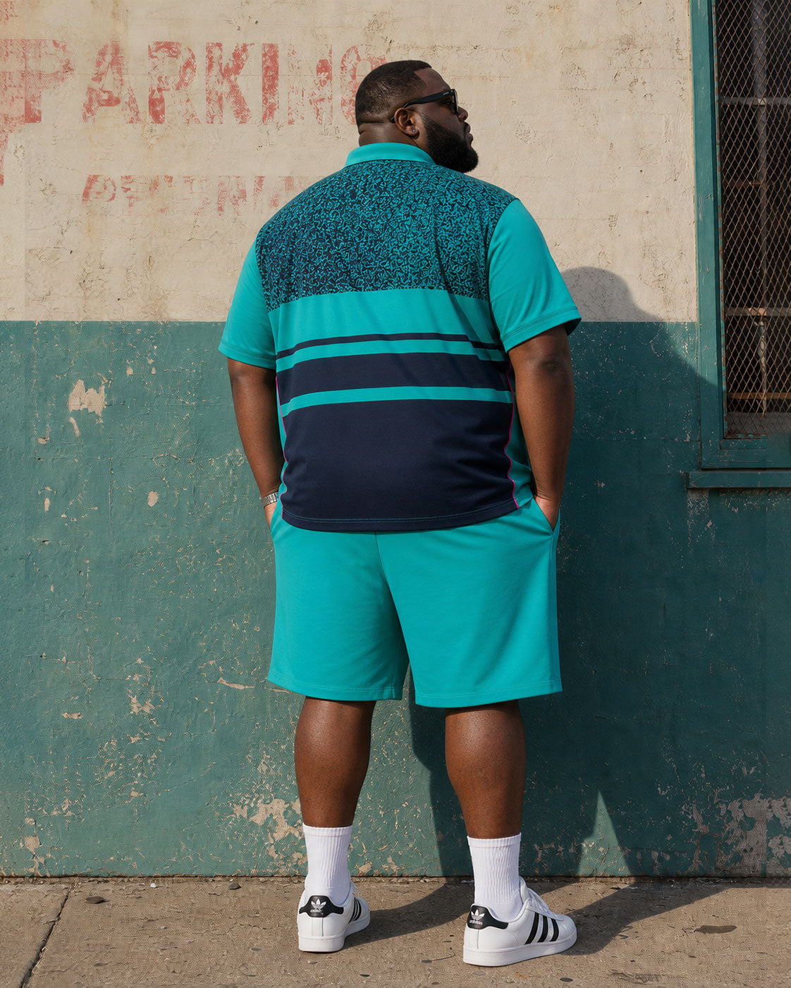 Big & Tall Men's Lake Blue & Black Contrast Printed Zipper POLO Shirt Short Sleeve Shorts Set