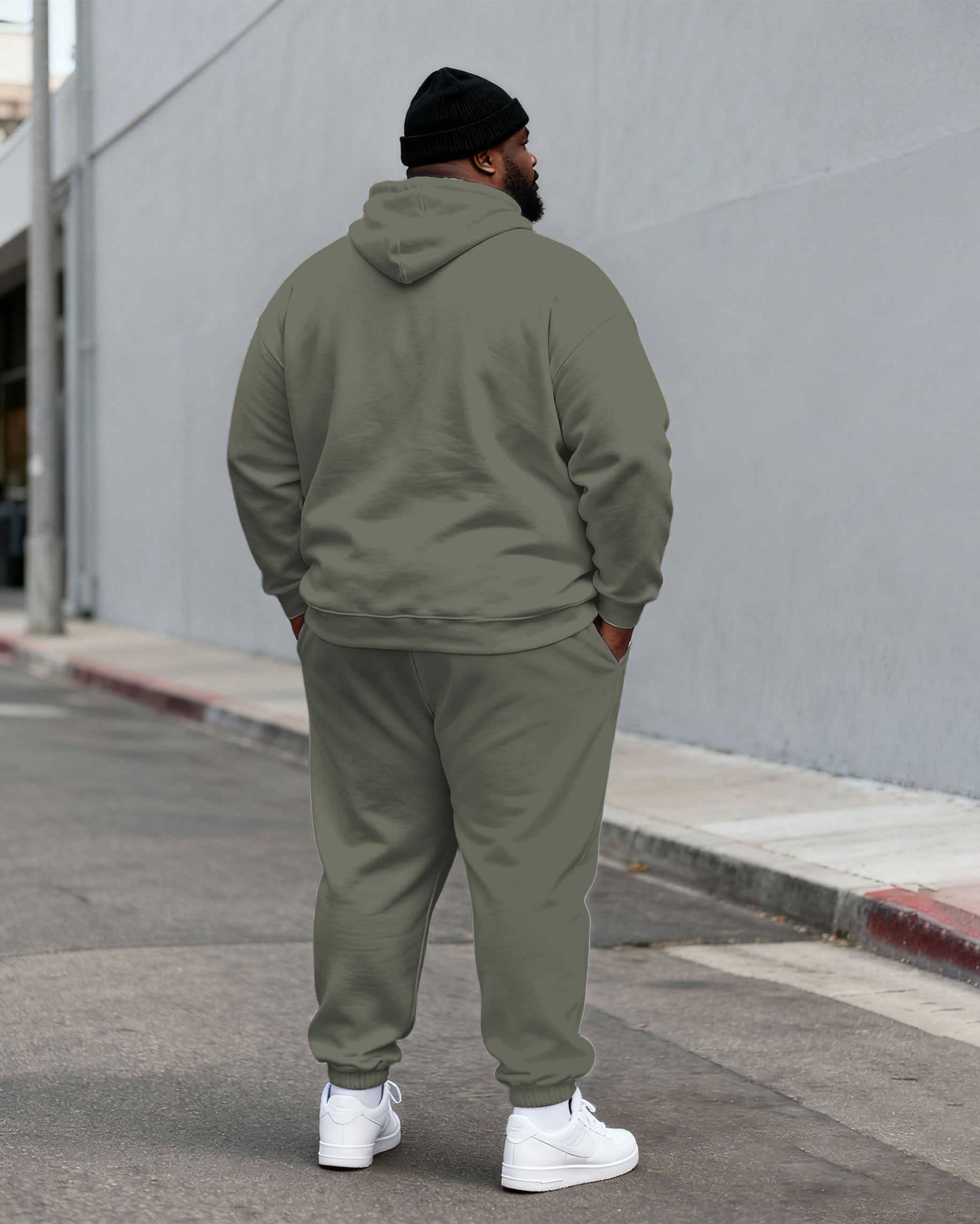 Large Size Men's Autumn And Winter Warm Cold-proof Gentleman Fog Green Color-block Small Label Printed Kangaroo Large Pocket Hoodie Sweatpants Set