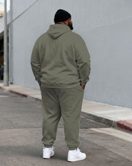 Large Size Men's Autumn And Winter Warm Cold-proof Gentleman Fog Green Color-block Small Label Printed Kangaroo Large Pocket Hoodie Sweatpants Set