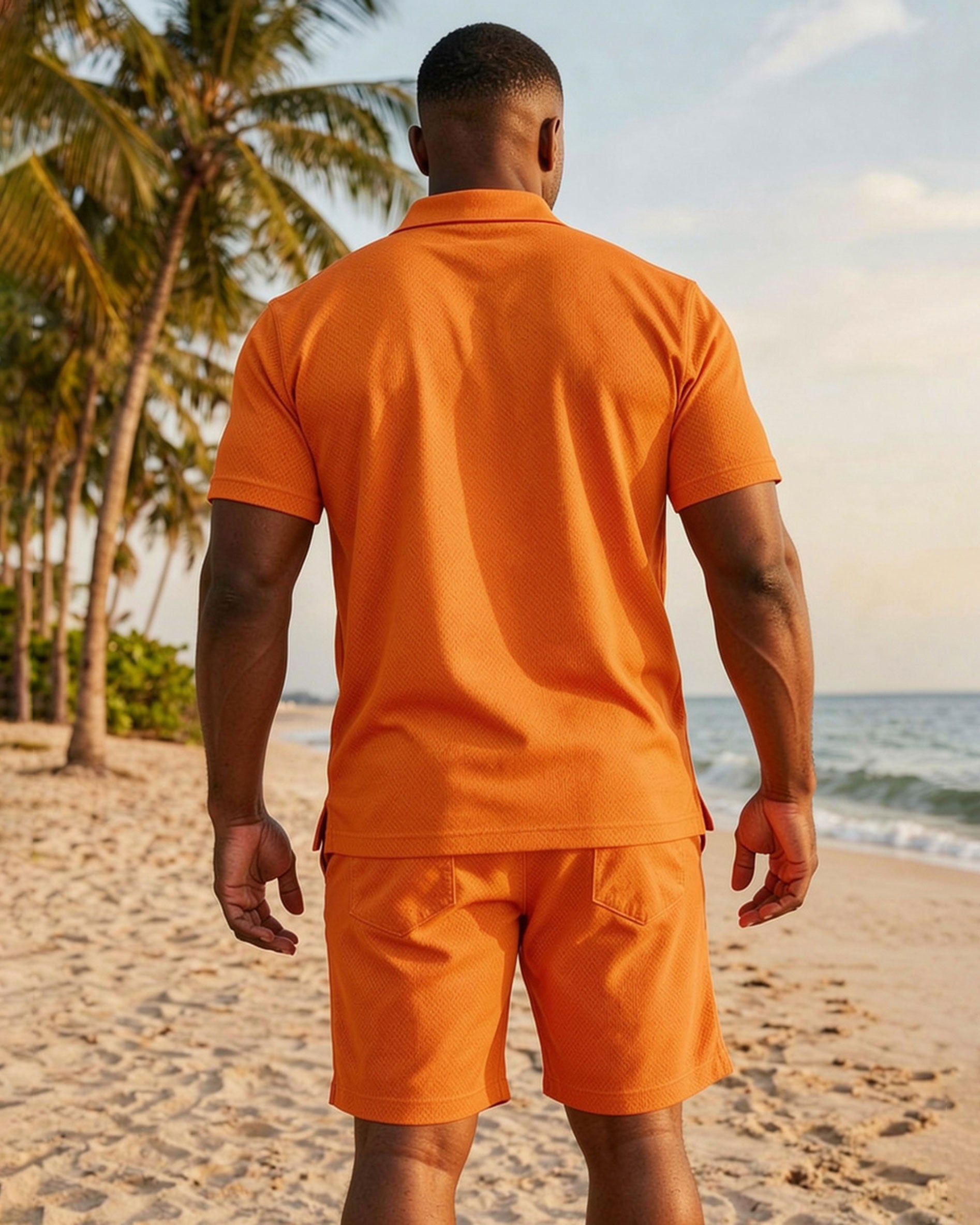 Big & Tall Men's Orange Solid Color Casual POLO Shirt Short Sleeve Shorts Set