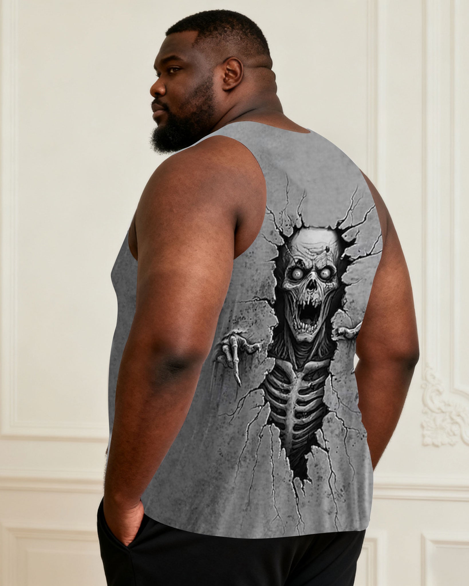 Men's Plus Size Halloween Grey Heart Out Skull Grey Stretch Vest