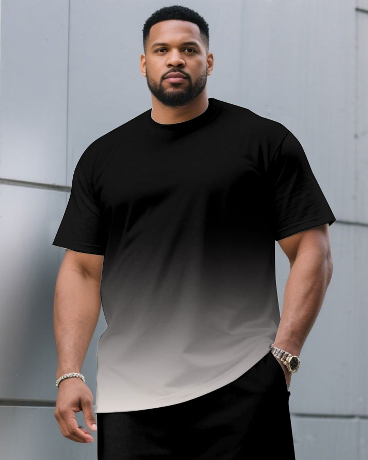 Men's Plus Size Casual Black & Red Chest Gradient Fashion Round Neck Short Sleeve T-Shirt and Shorts Suit