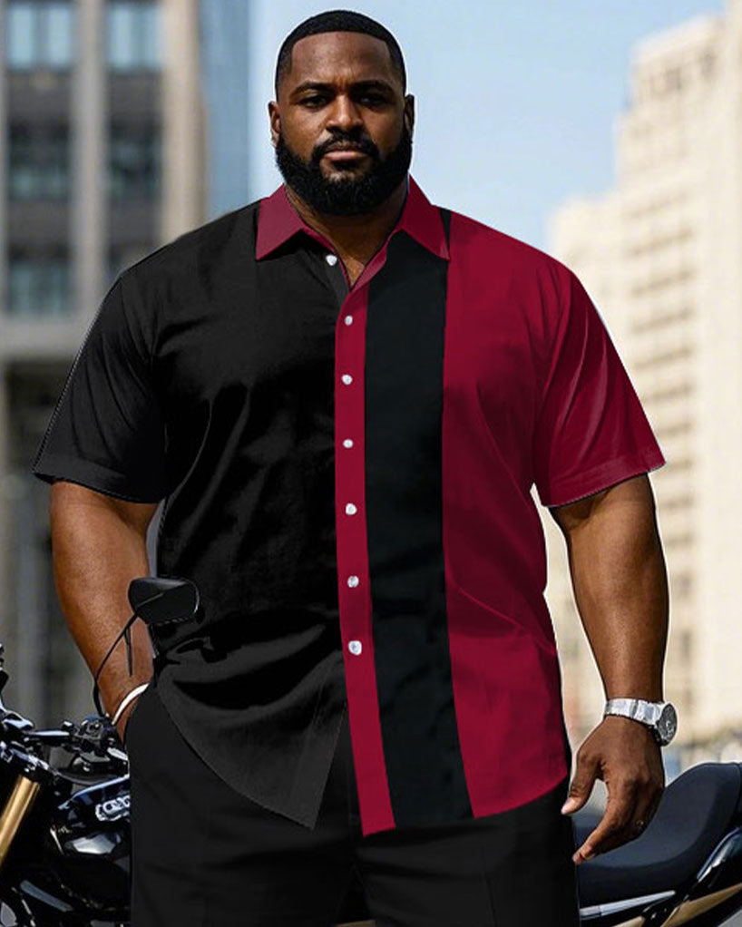 Big & Tall Men's Black & Black Placket Neckline Contrast Short Sleeve Shirt Trousers Set