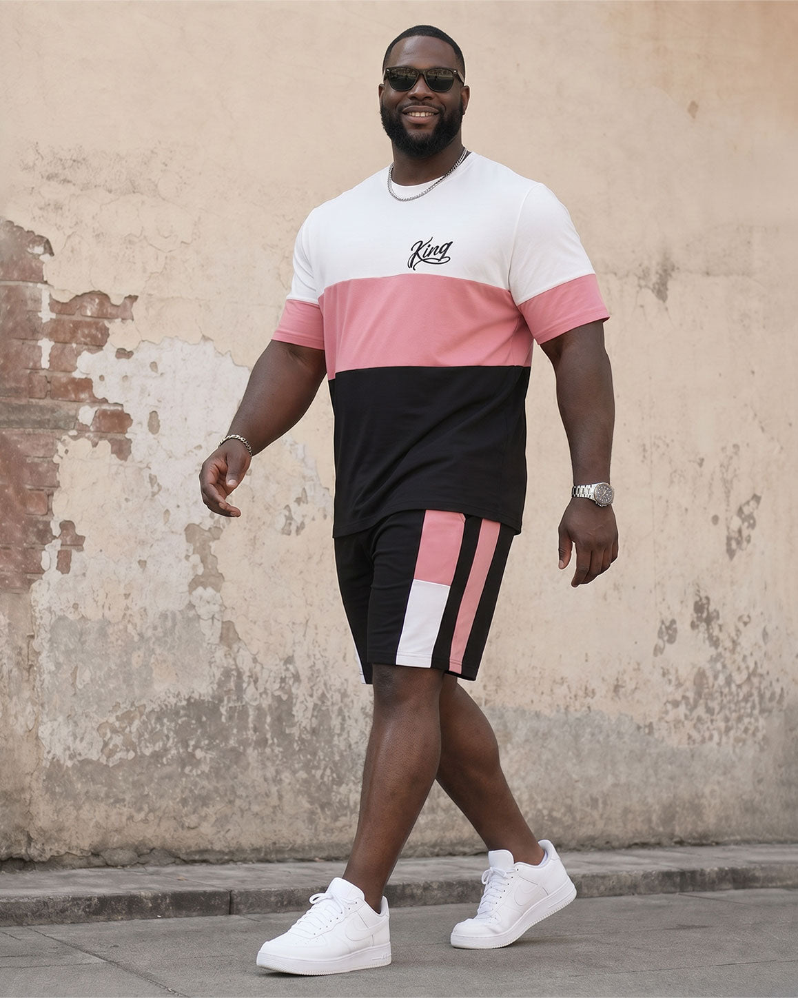 Big & Tall Men's Simple Leisure Daily Travel Vacation Stitching Short Sleeve T-Shirt Shorts Set