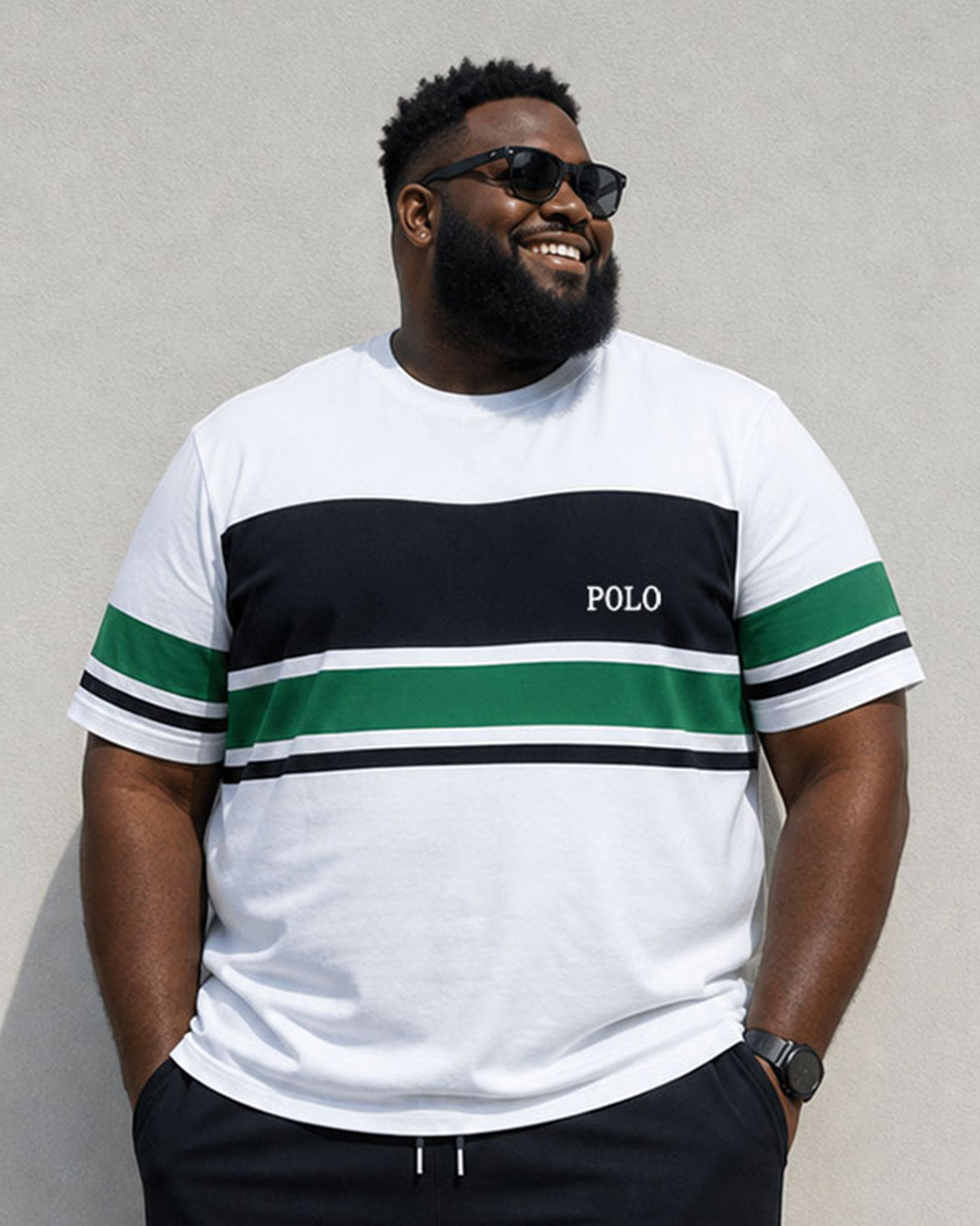 Big & Tall Men's Daily Travel Leisure Holiday Party White & Green & Black Striped Short Sleeve T-Shirt Shorts Set