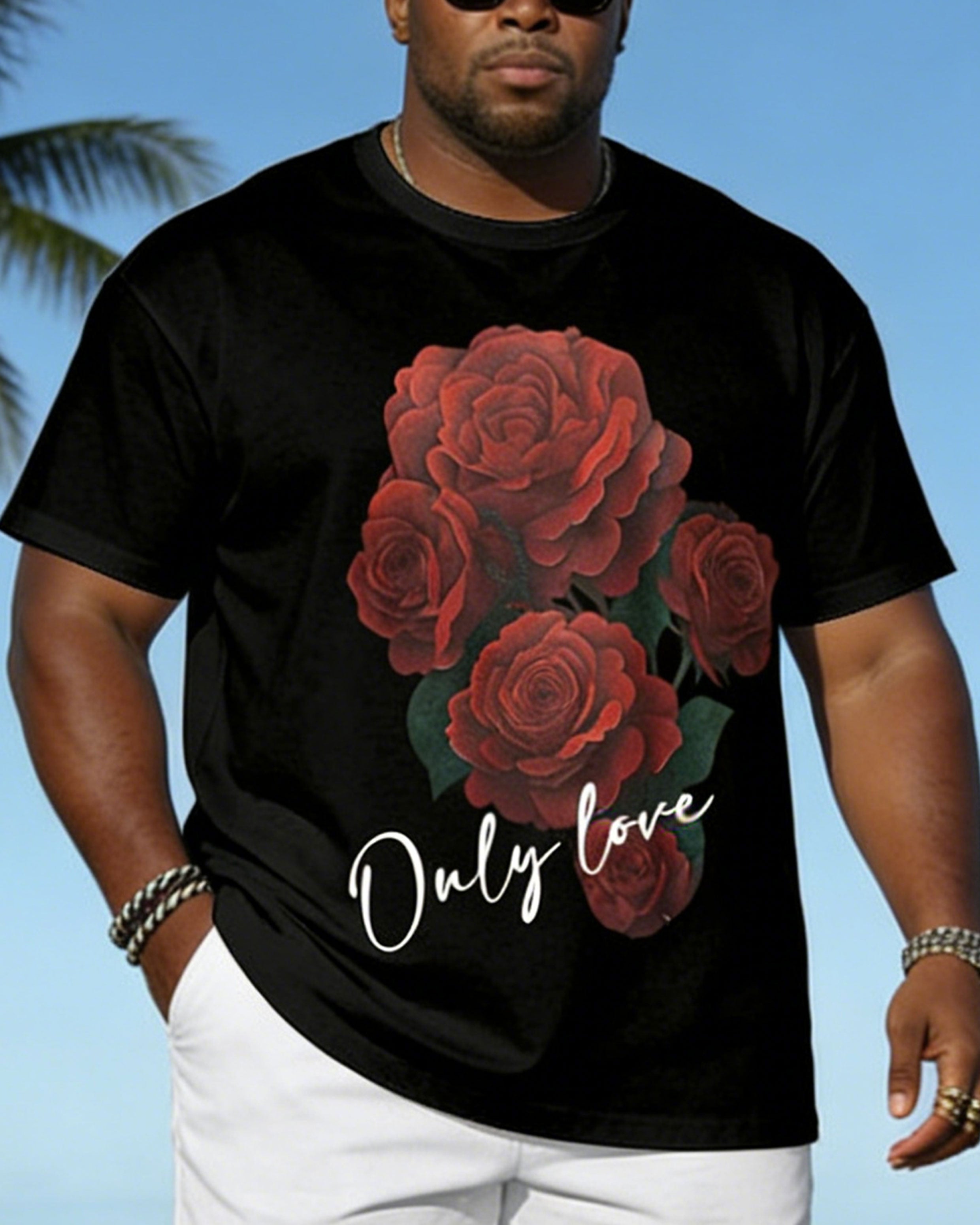 Big & Tall Spring And Summer New Valentine's Day Dating Party Party Holiday Rose Pattern Printed Round Neck Short Sleeve T-Shirt Shorts Set Couple Dress